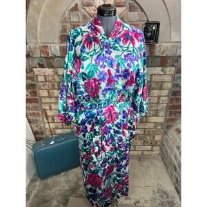 Adonna robe satin floral purple teal pink